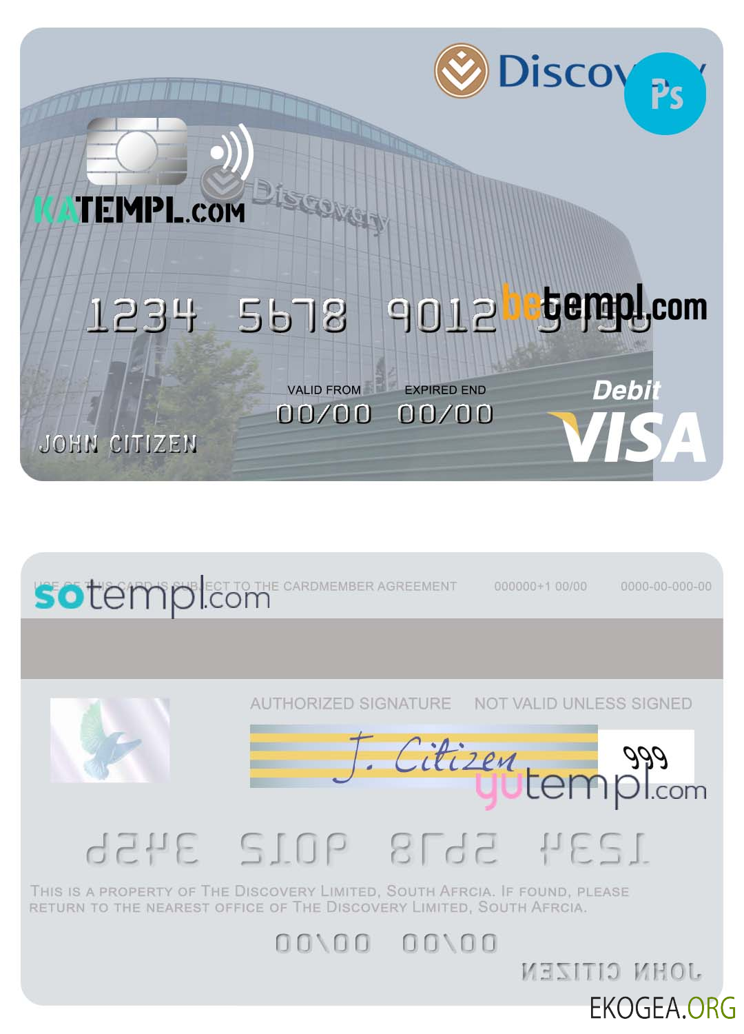 Modèle de carte de débit visa South Africa Discovery Limited au format PSD